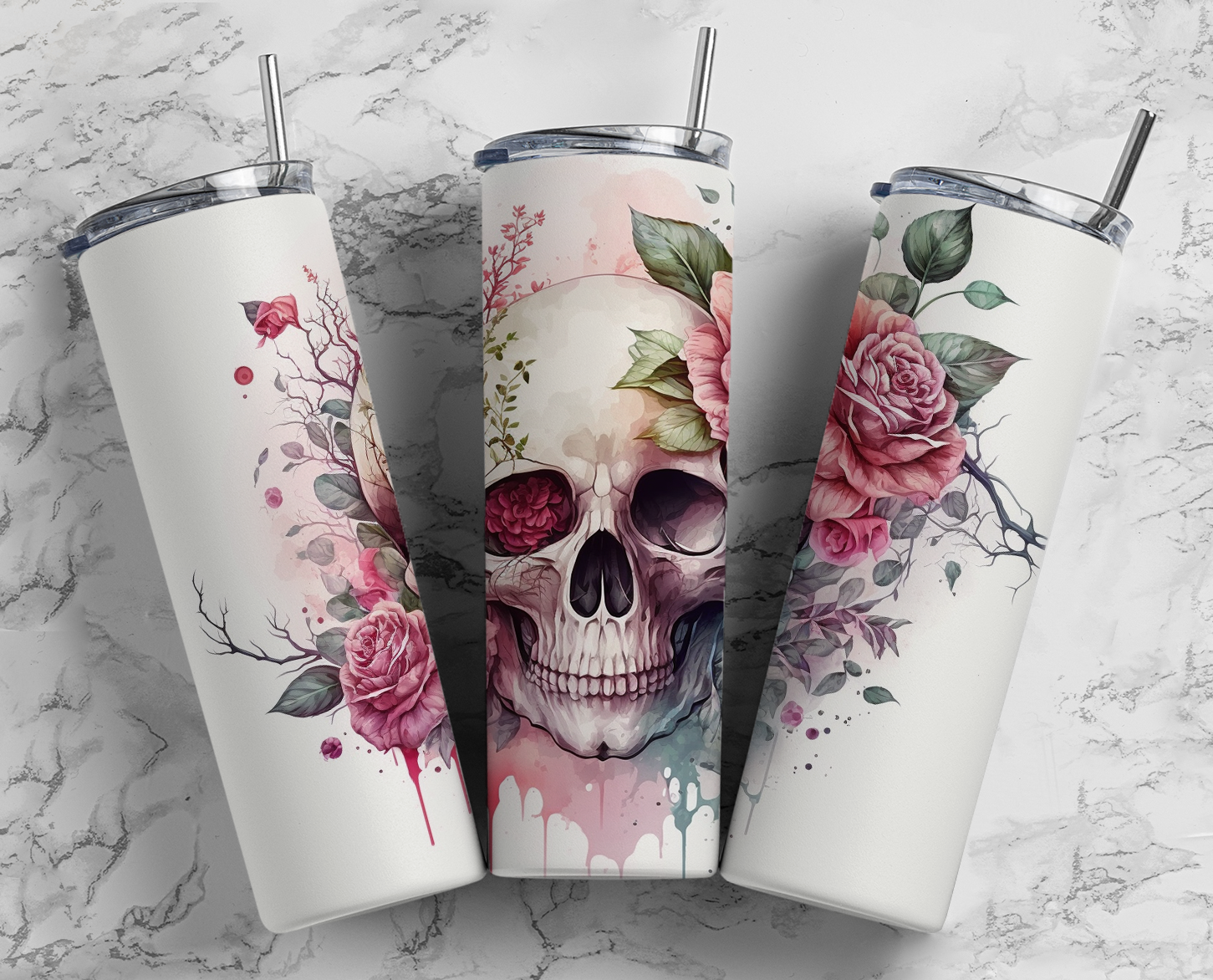 Skull with Roses 20oz Skinny Tumbler With Straw and Lid – She Shed Craft  Store