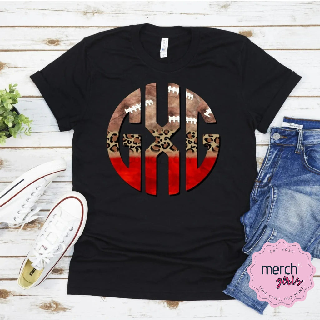 Football Leopard Red Monogram Graphic Tee - Merch Girls