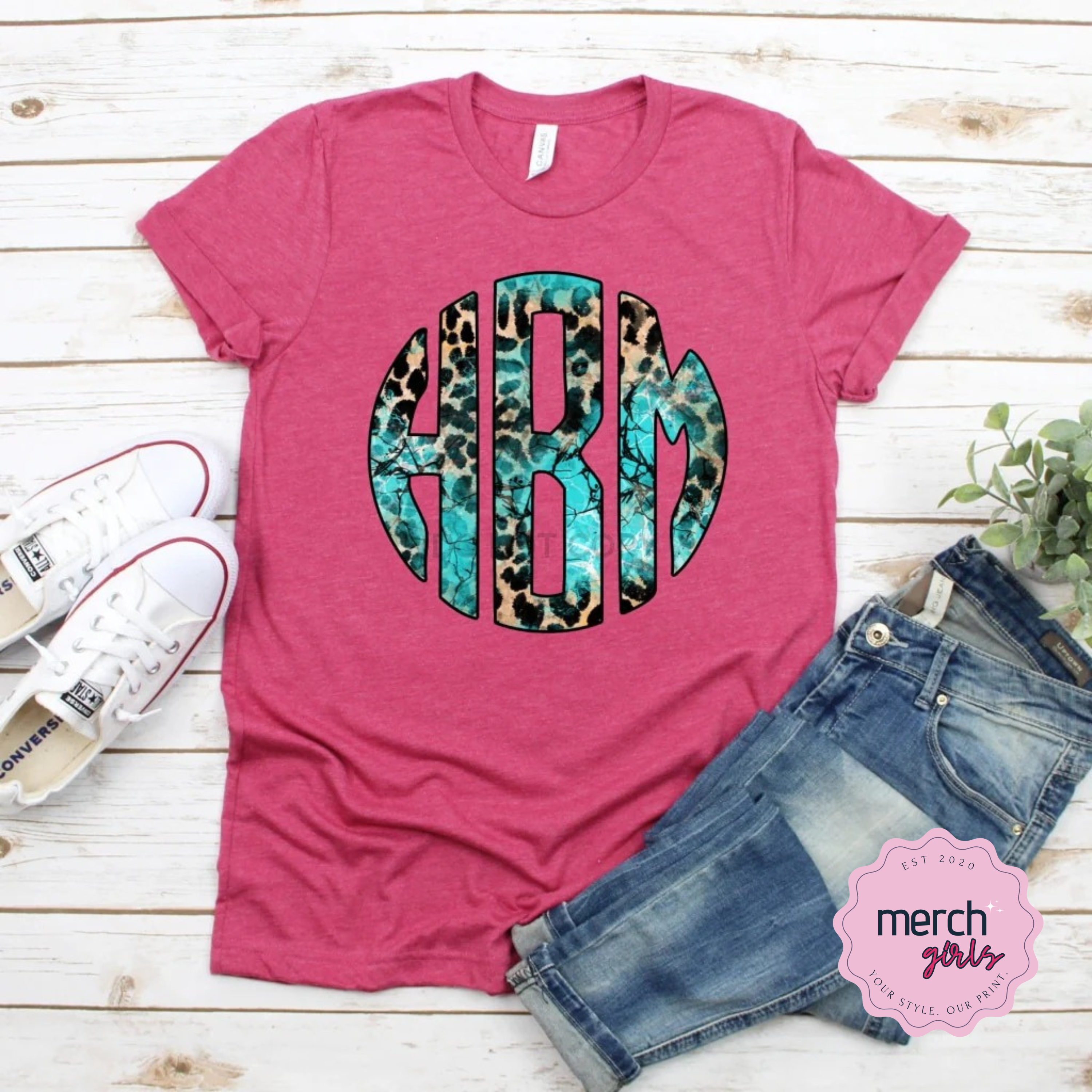 Turquoise Leopard Monogram Graphic Tee- Pink Shirt