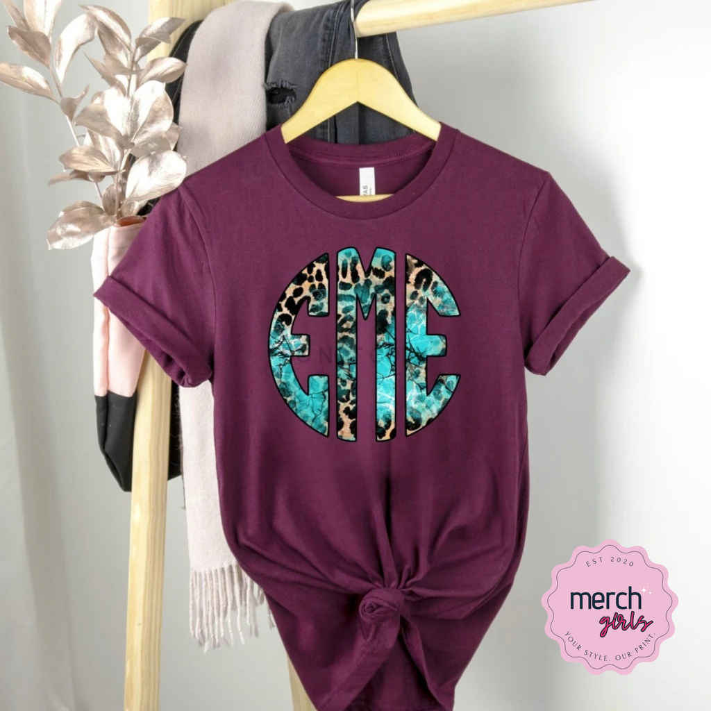 Turquoise Leopard Monogram Graphic Tee- Maroon Shirt