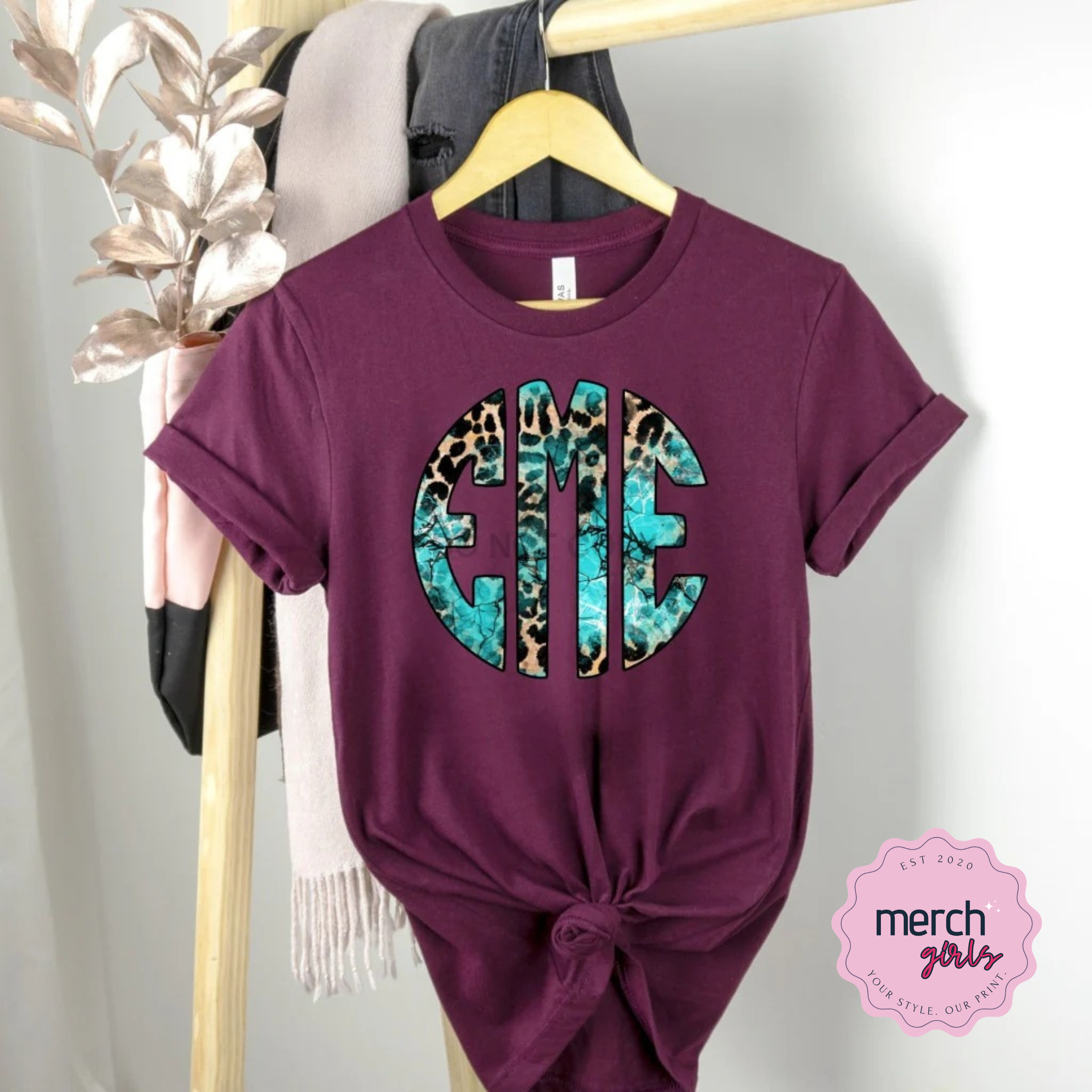 Turquoise Leopard Monogram Graphic Tee- Maroon Shirt