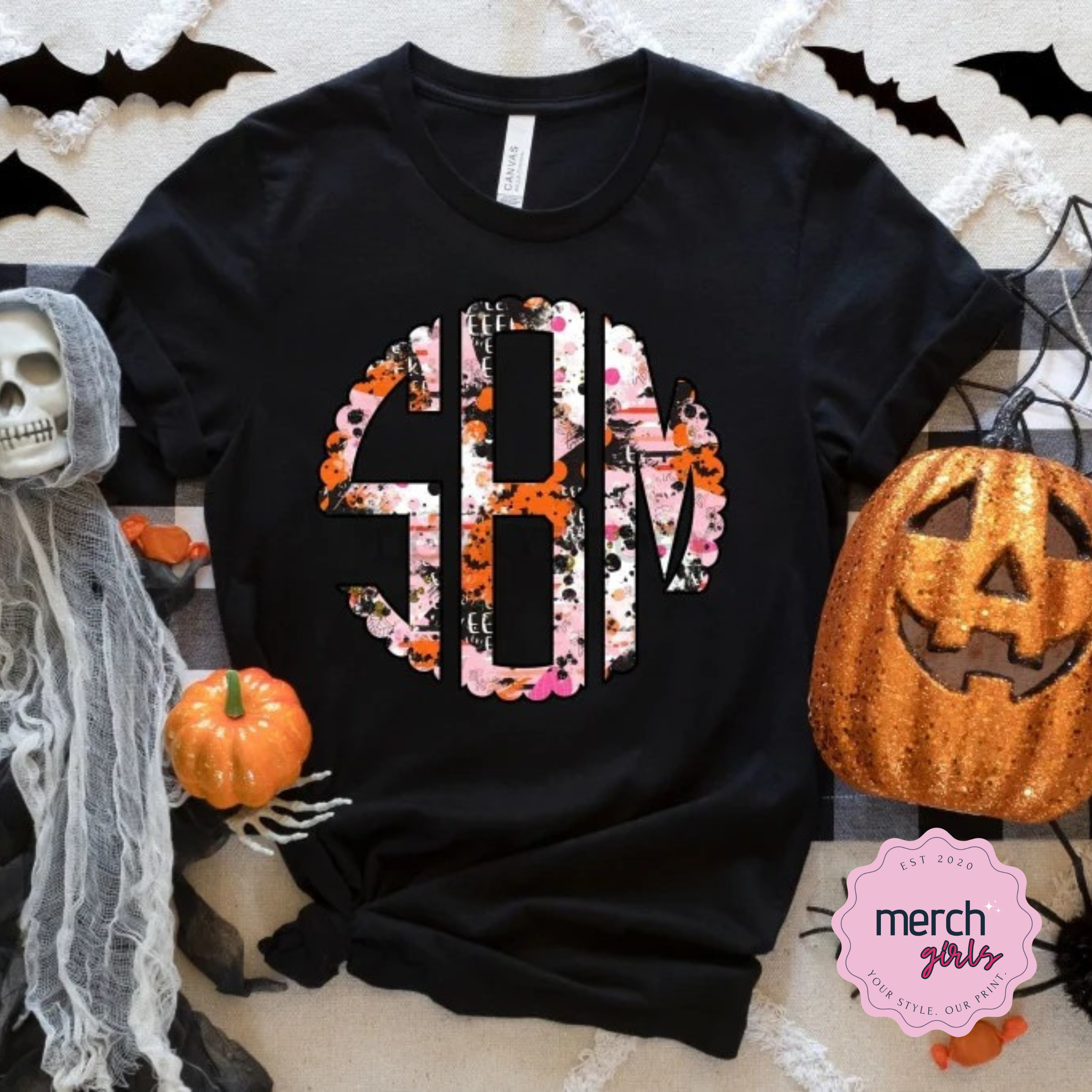 Spooky Halloween Pink brushstroke Monogram Graphic Tee