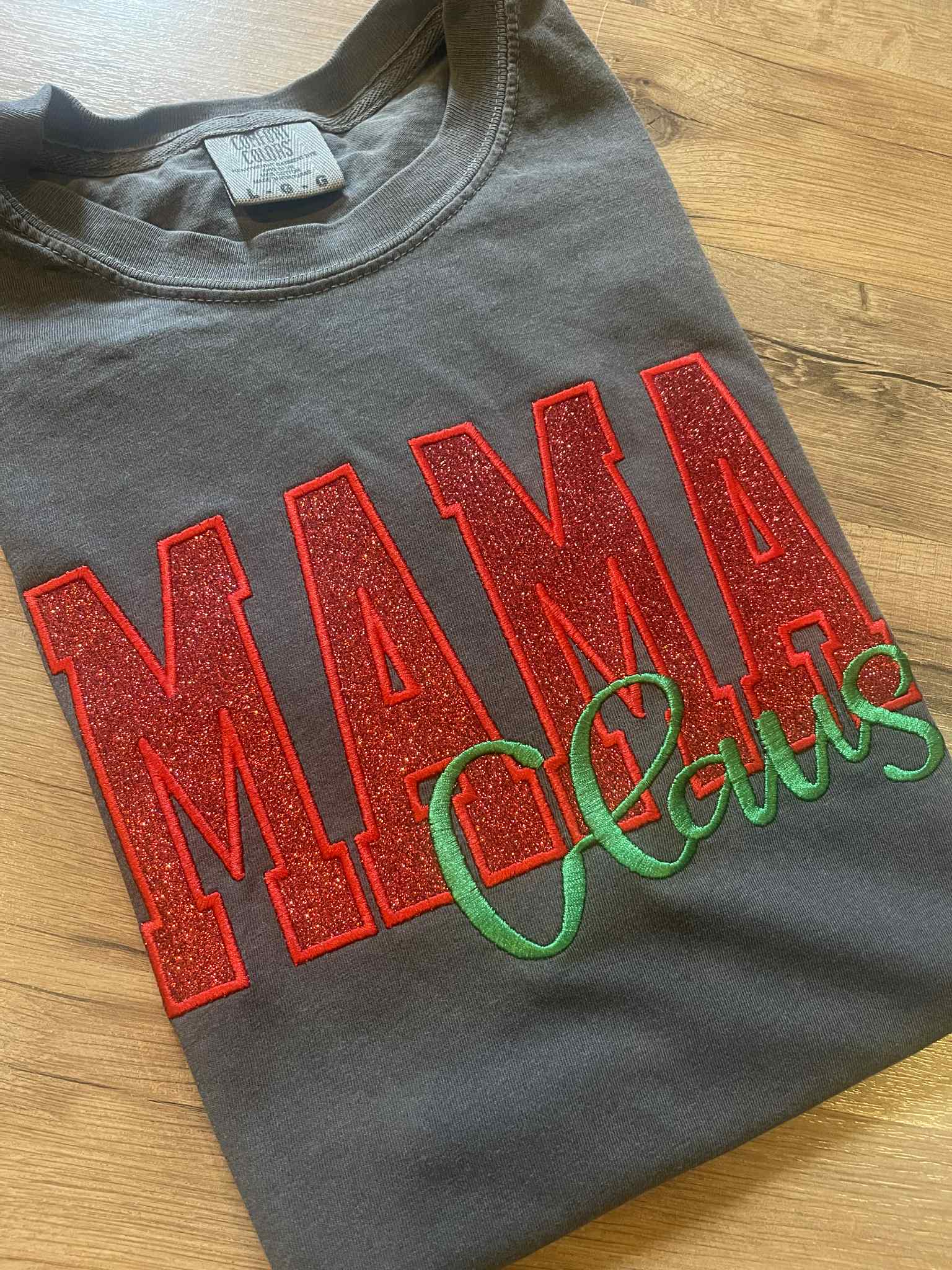 Custom Varsity Glitter Mama Claus Embroidered Applique Shirt