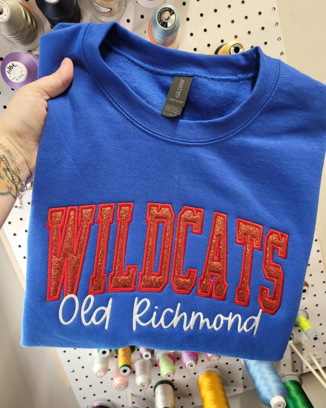 Personalized Custom Varsity Glitter Applique with September Script Font and Icon on Sleeve Embroidered Shirt