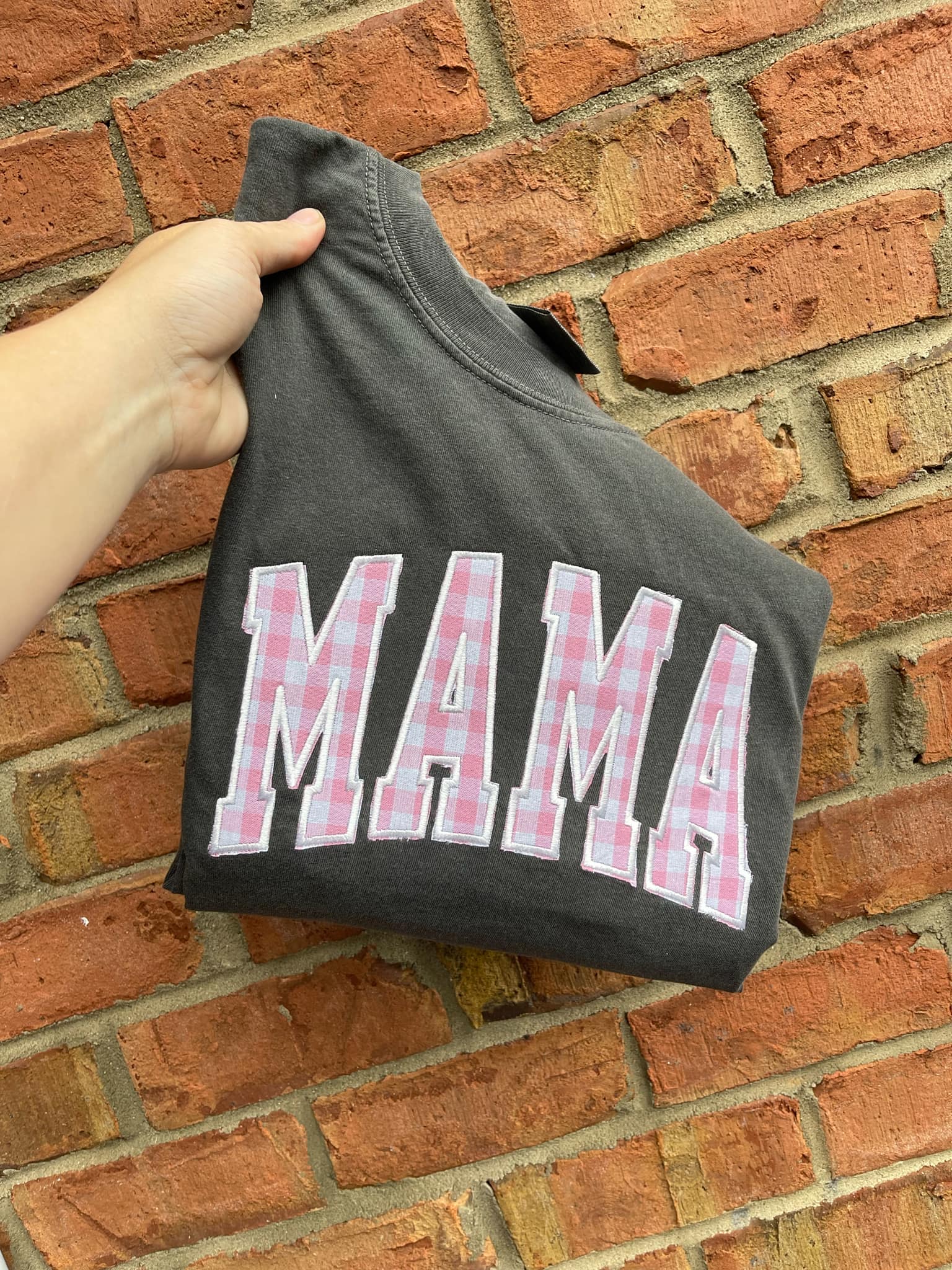 Mama Pink Gingham Embroidered Comfort Color Tee