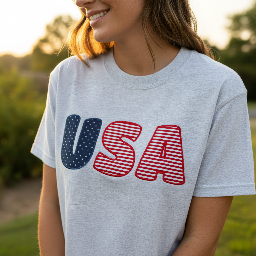 USA Stars & Stripes Bubble Applique Embroidered Shirt | Choose Style, Color & Thread