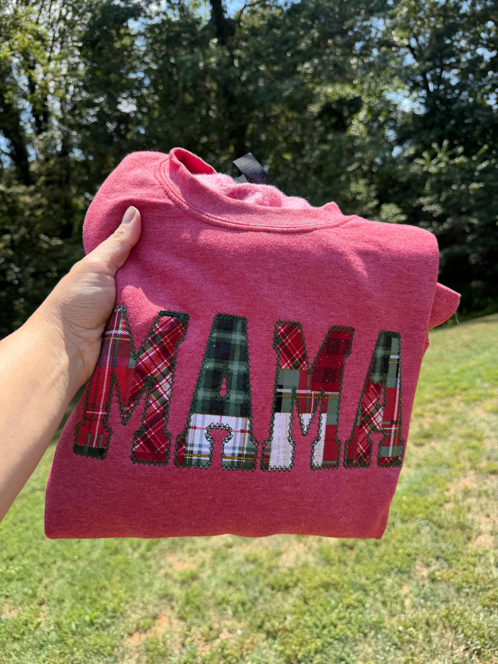 Nana Embroidered Christmas Plaid Personalized Sweatshirt | Custom Diamond Edge Name Appliqué