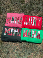 Nana Embroidered Christmas Plaid Personalized Sweatshirt | Custom Diamond Edge Name Appliqué