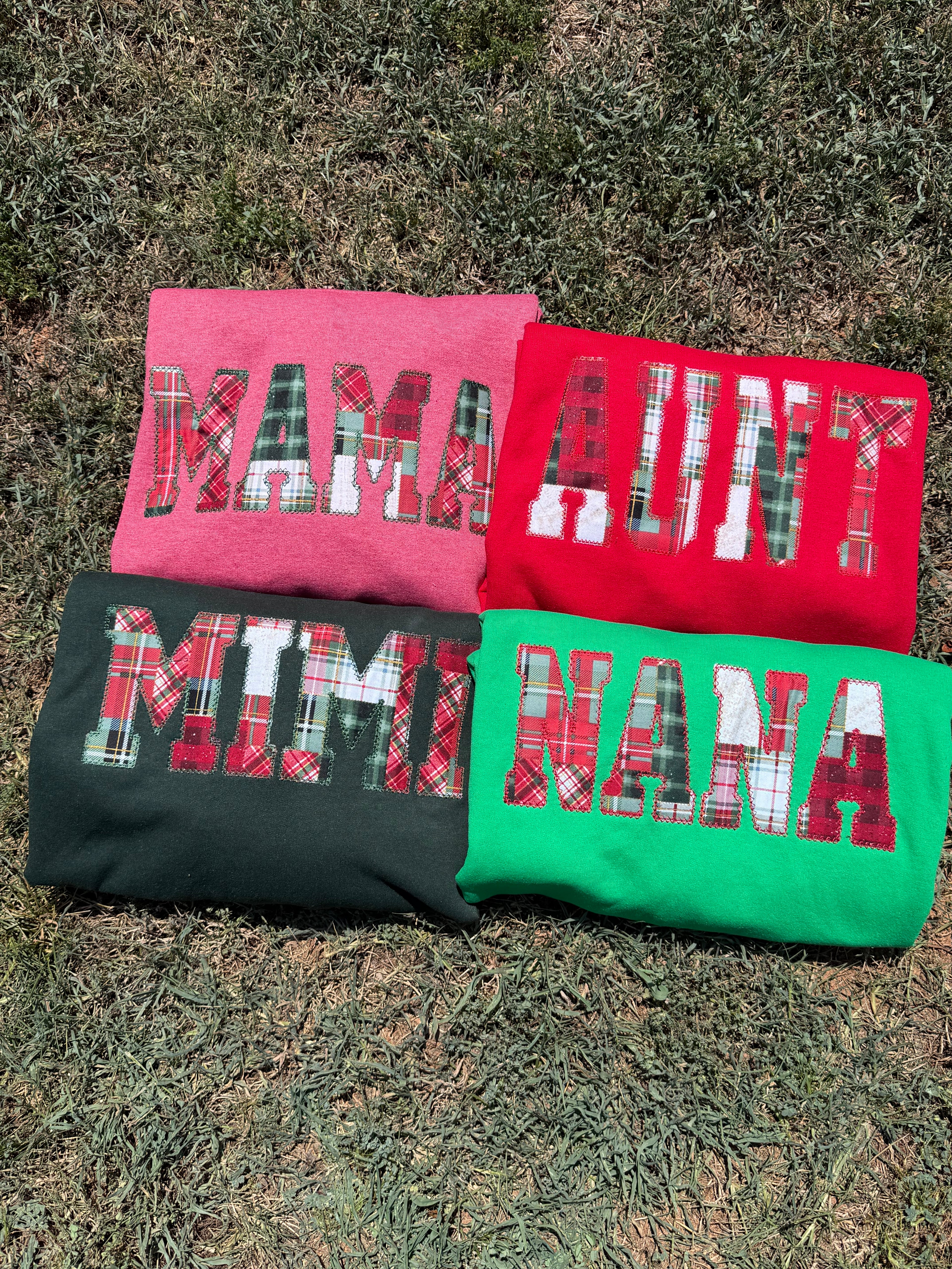 Nana Embroidered Christmas Plaid Personalized Sweatshirt | Custom Diamond Edge Name Appliqué