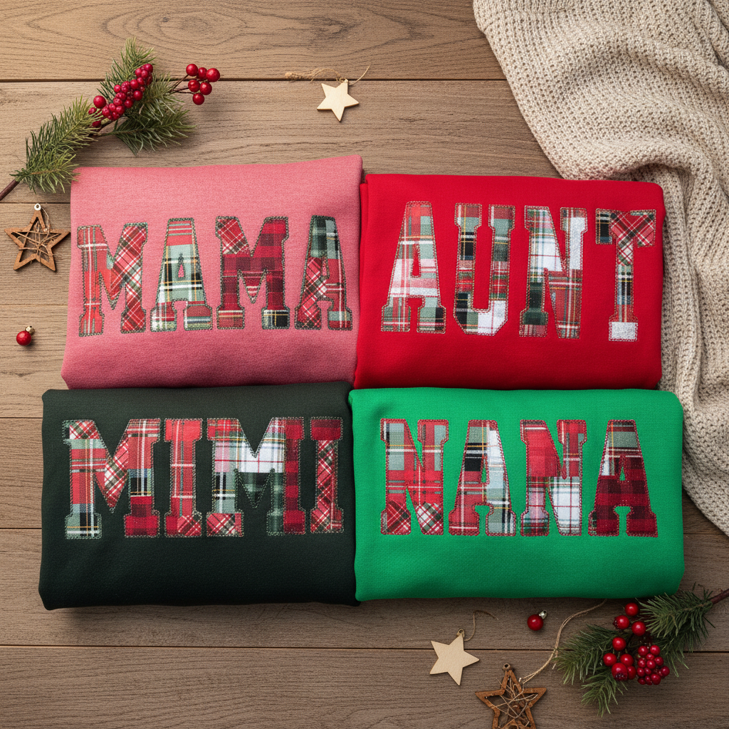 Nana Embroidered Christmas Plaid Personalized Sweatshirt | Custom Diamond Edge Name Appliqué