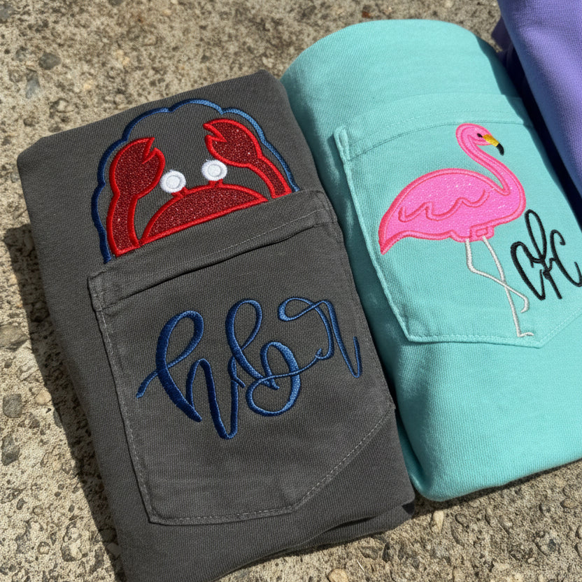 Custom Crab Monogram Pocket Tee | Comfort Colors Pocket T-Shirt | Coastal Embroidered Initial Shirt