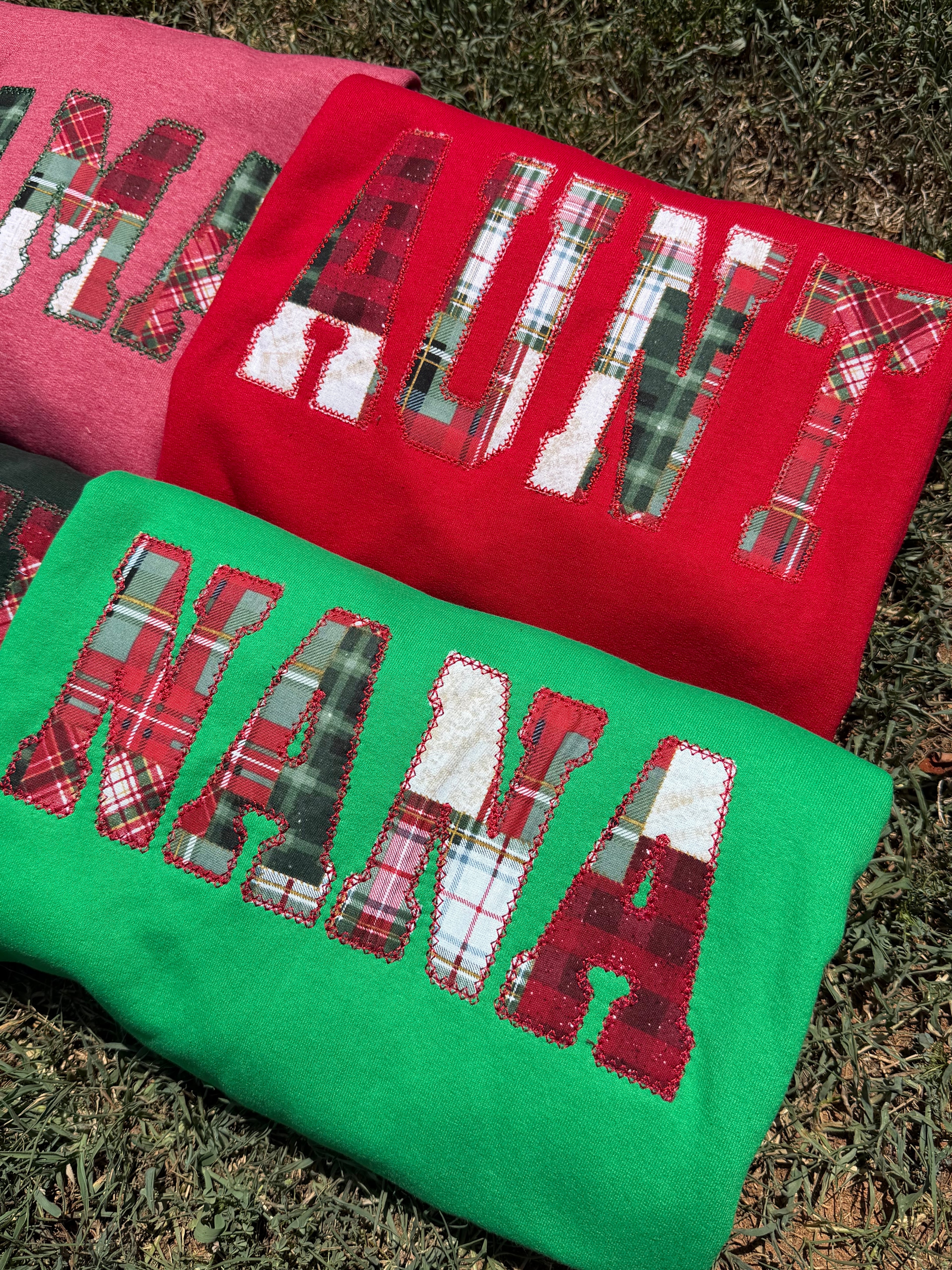 Nana Embroidered Christmas Plaid Personalized Sweatshirt | Custom Diamond Edge Name Appliqué