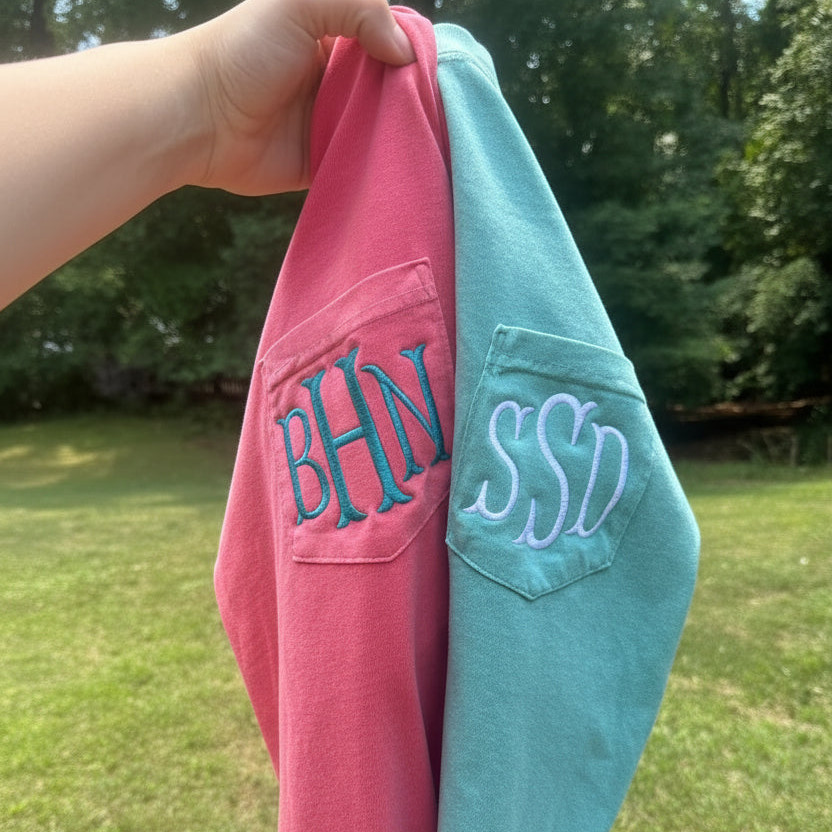 Merch Girls Personalized Embroidered Monogram Pocket Long Sleeve Tee | Comfort Colors