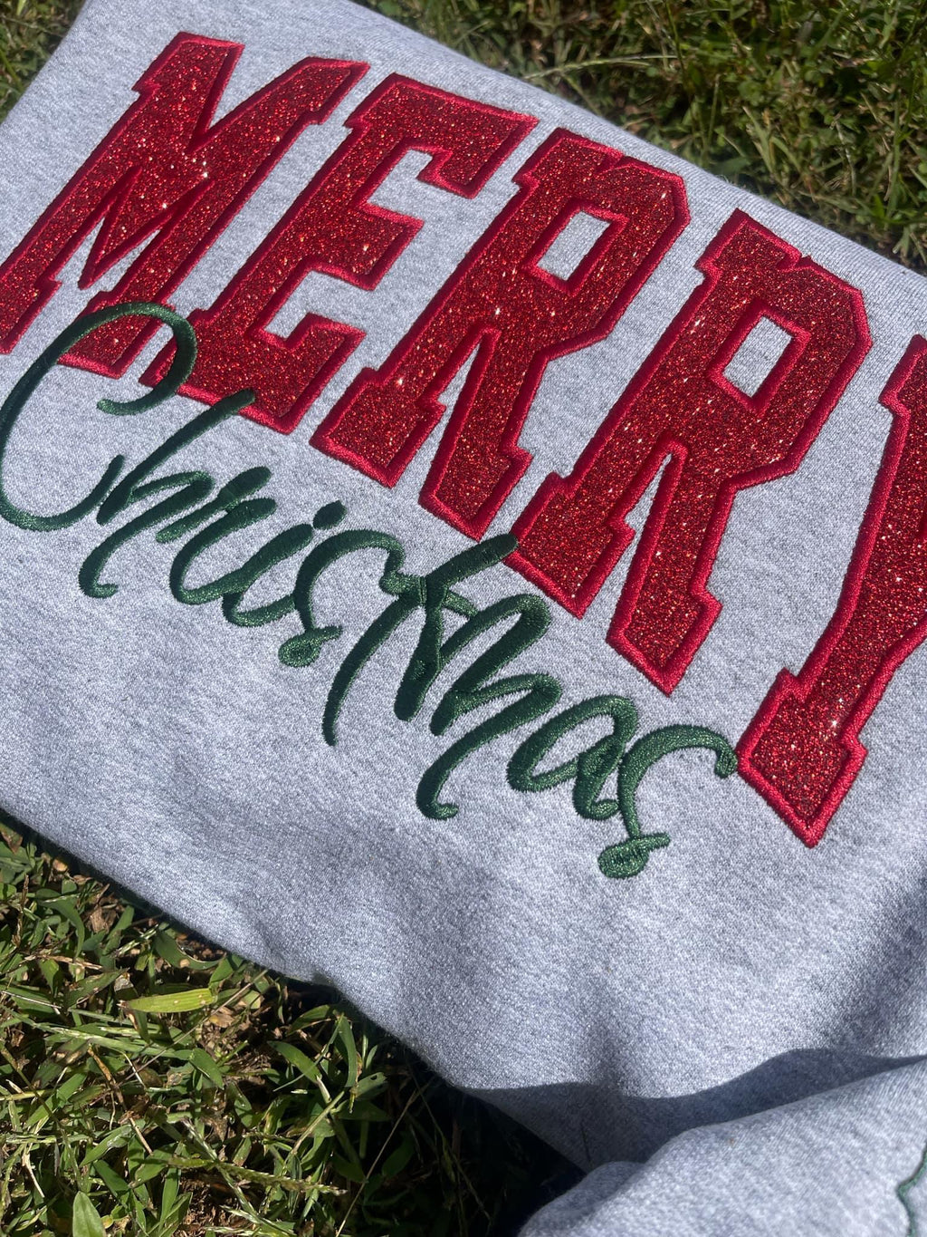 Merry Christmas Glitter Applique w/ Icon and Optional Side Bows Embroidered Sweatshirt - Merch Girls