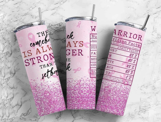 Breast Cancer Warrior The Comeback is Always Stronger Than The Setback Completed 20oz Skinny Tumbler