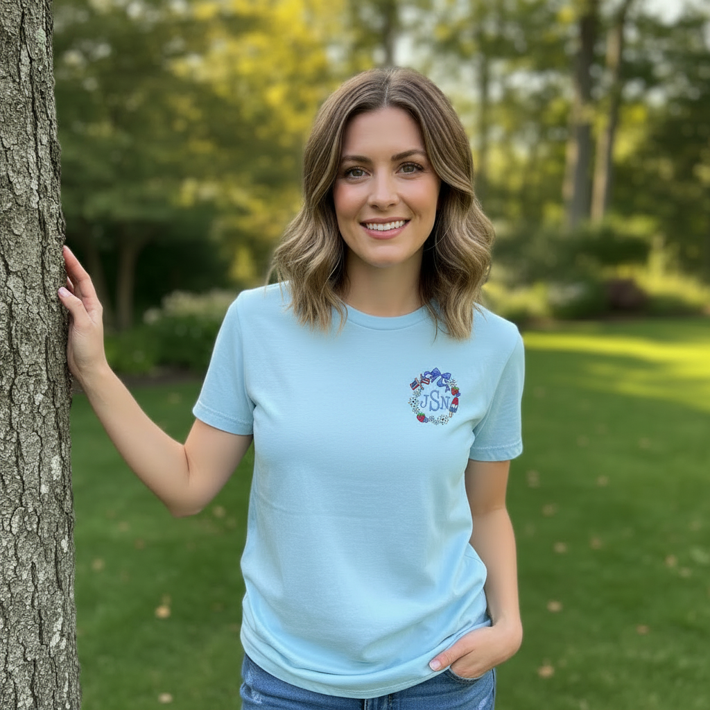 Patriotic Monogram Frame Embroidered Shirt | 4th of July