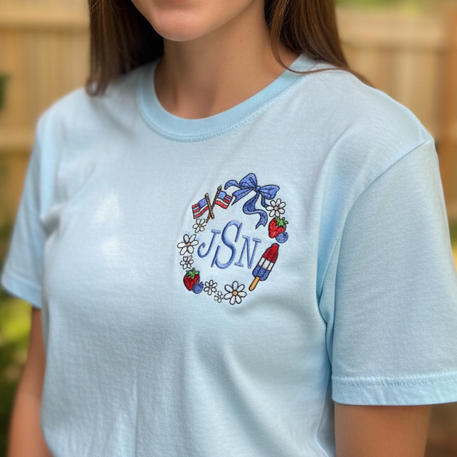 Patriotic Monogram Frame Embroidered Shirt | 4th of July