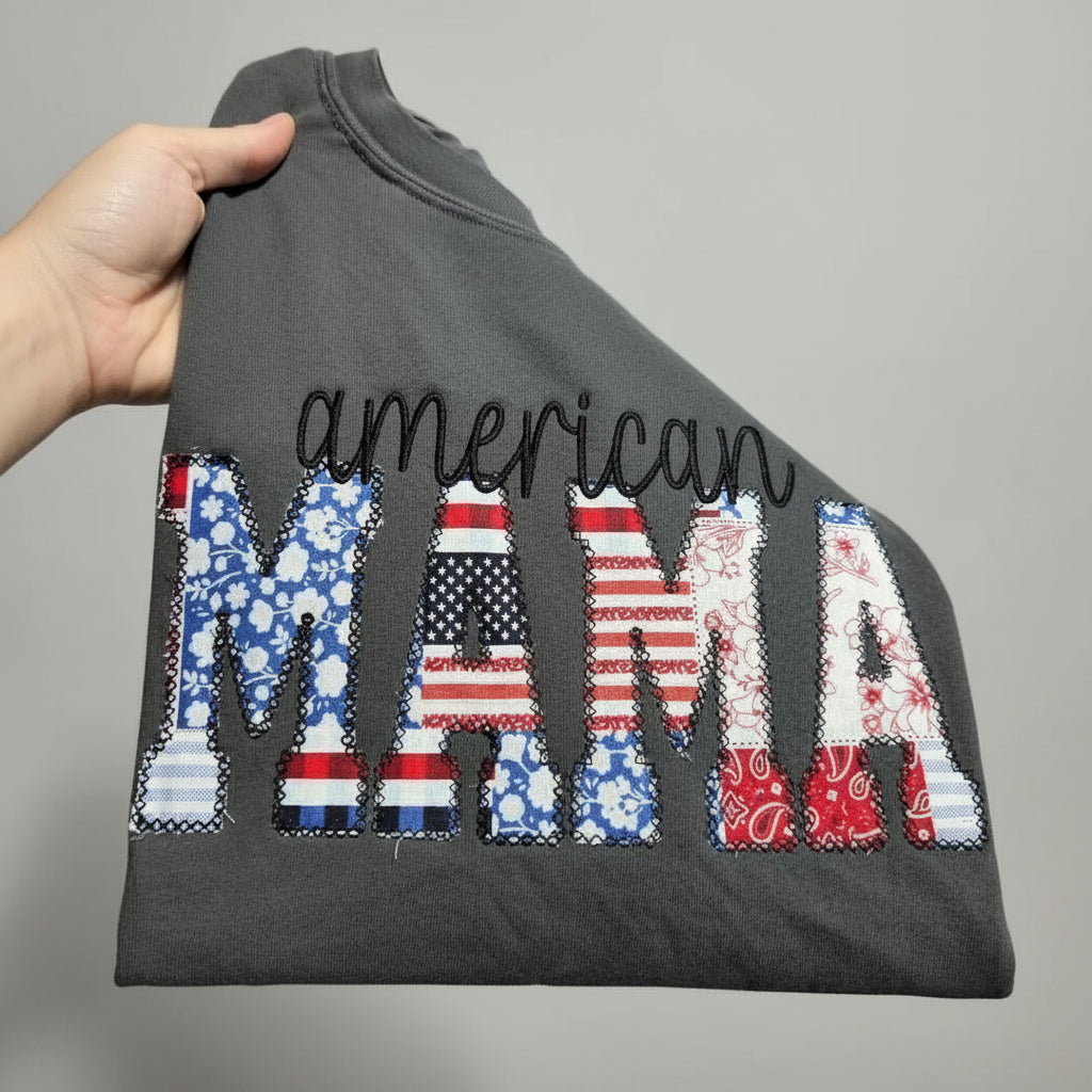 American Mama Custom Patriotic Embroidered Name Shirt with Patchwork Applique Letters