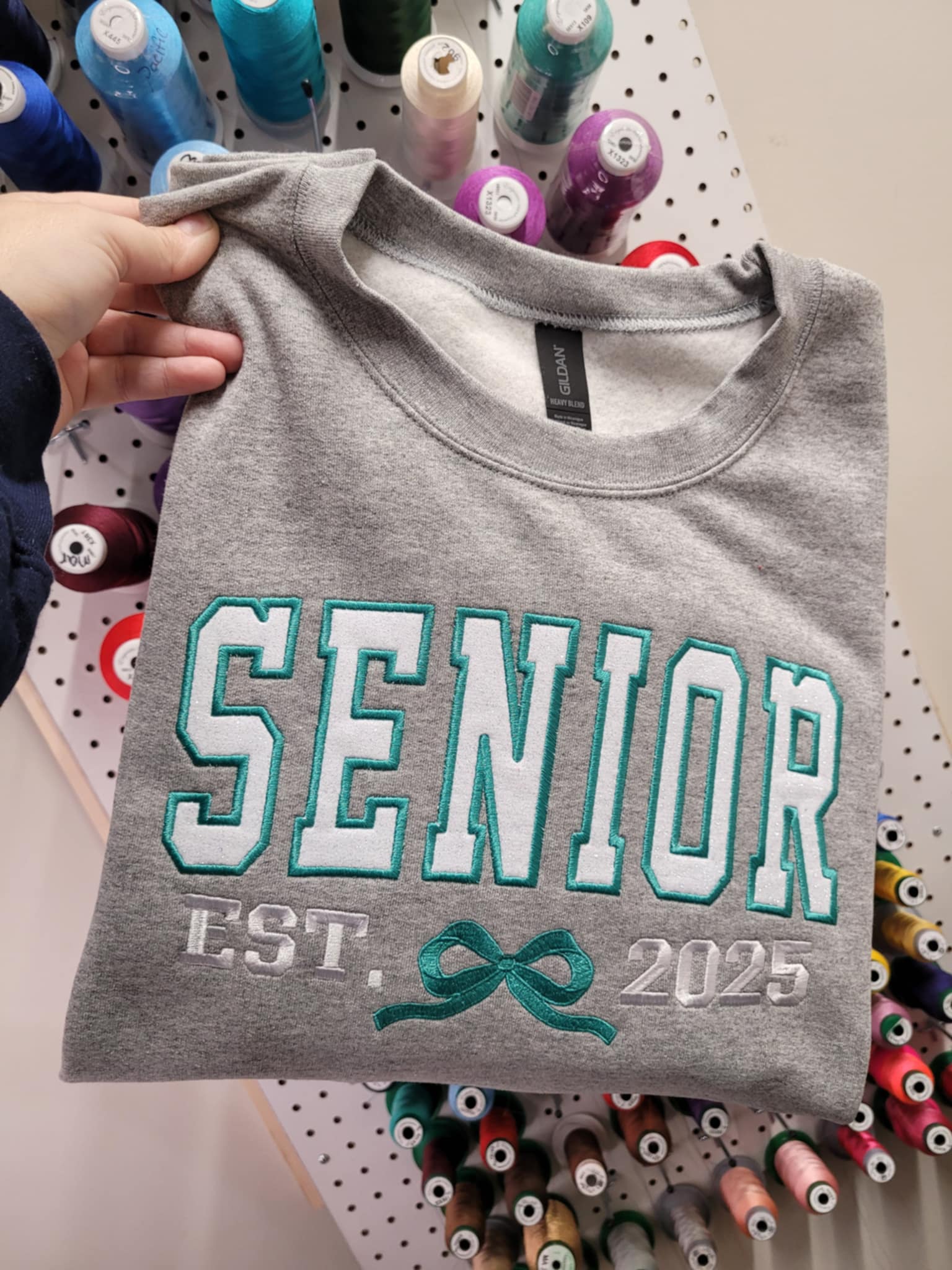 Custom Senior Established Year Coquette Bow Varsity Glitter Applique Embroidered Shirt