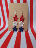 Embroidered Lace Red White and Blue Triple Stars Dangle Earrings - Merch Girls