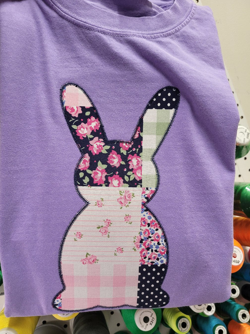 Bunny Rabbit Faux Patchwork Fabric Applique Embroidered Shirt