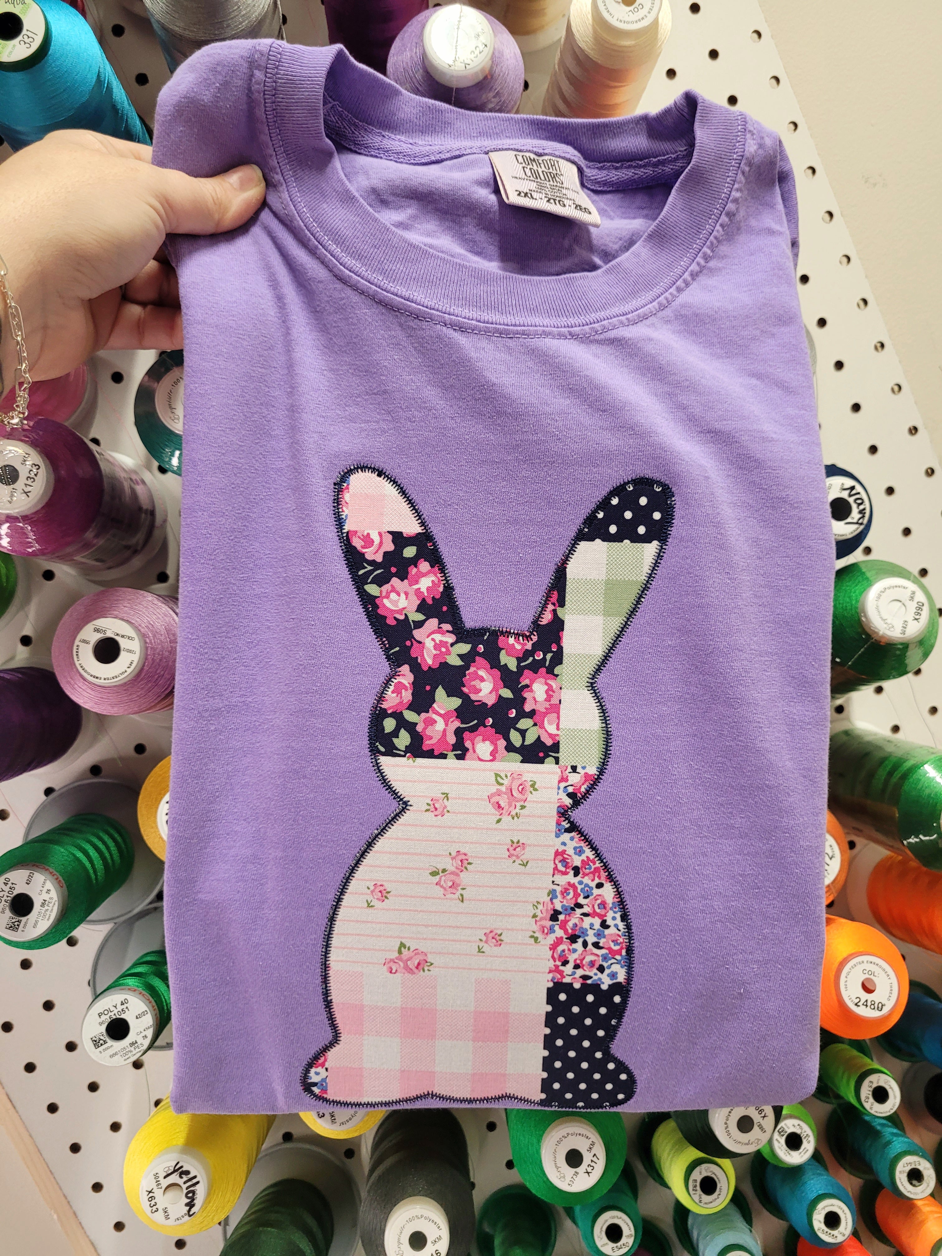 Bunny Rabbit Faux Patchwork Fabric Applique Embroidered Shirt