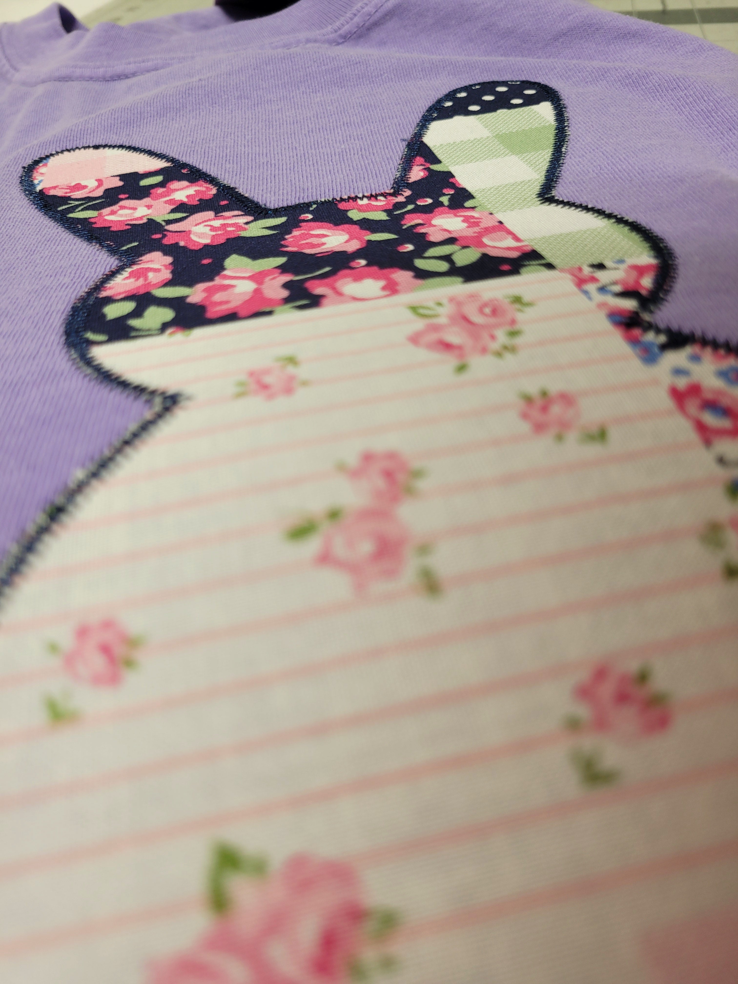 Bunny Rabbit Faux Patchwork Fabric Applique Embroidered Shirt