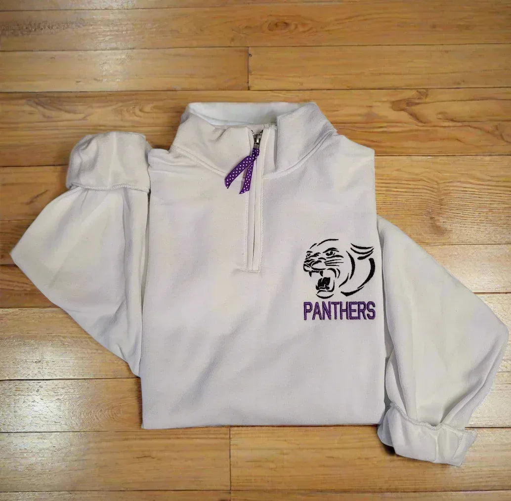 Panthers Purple Embroidered Quarter Zip Fleece Sweatshirt - Merch Girls