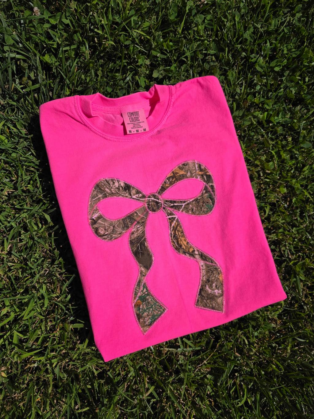 Realtree Edge Camouflage Applique Bow Preppy Embroidered Neon Comfort Color Short Sleeve Shirt - Merch Girls