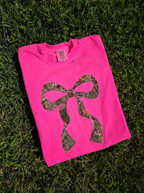 Realtree Edge Camouflage Applique Bow Preppy Embroidered Neon Comfort Color Short Sleeve Shirt - Merch Girls