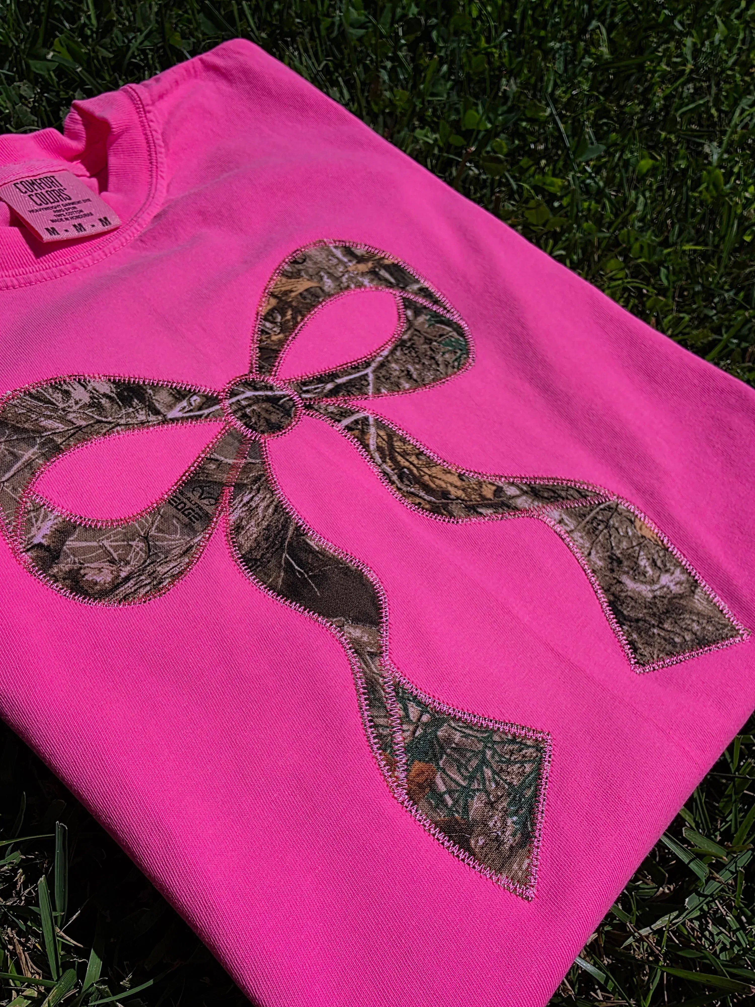 Realtree Edge Camouflage Applique Bow Preppy Embroidered Neon Comfort Color Short Sleeve Shirt - Merch Girls