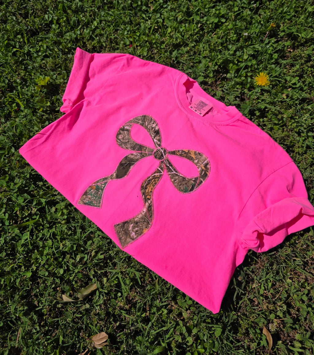 Realtree Edge Camouflage Applique Bow Preppy Embroidered Neon Comfort Color Short Sleeve Shirt - Merch Girls
