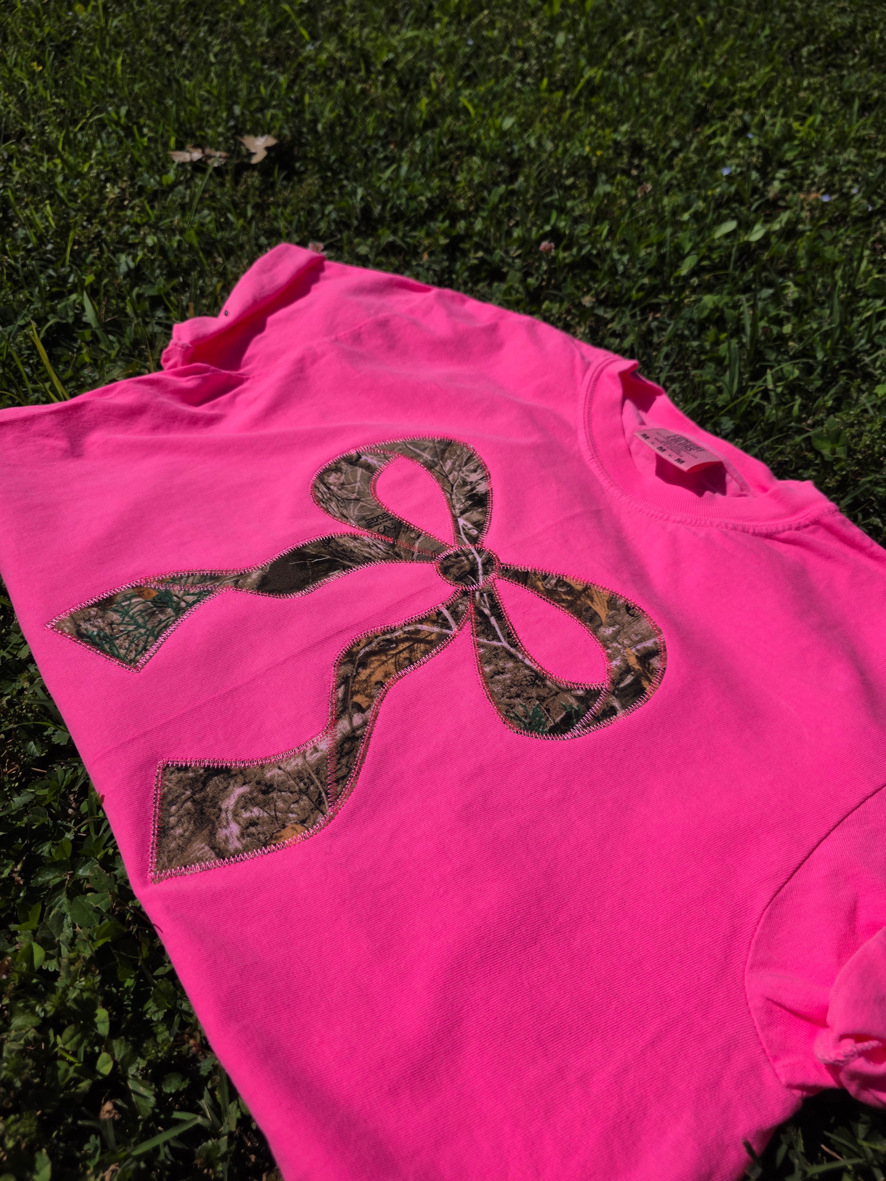 Realtree Edge Camouflage Applique Bow Preppy Embroidered Neon Comfort Color Short Sleeve Shirt