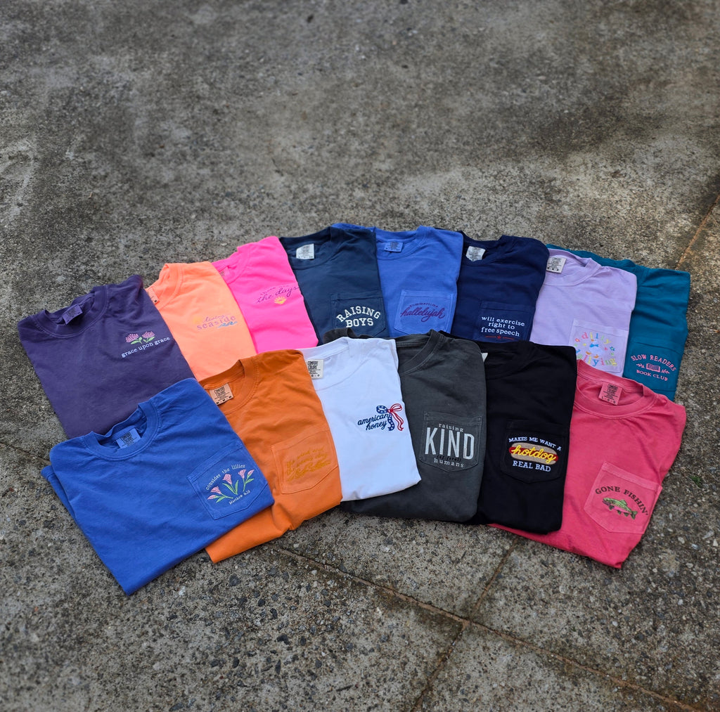 Raising Boys Pocket Tee | Embroidered Boy Mom Shirt | Comfort Colors 6030