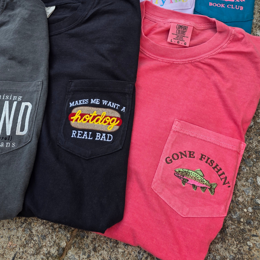 Gone Fishin' Embroidered Pocket Tee | Comfort Colors | Rainbow Trout | Gifts for Dad