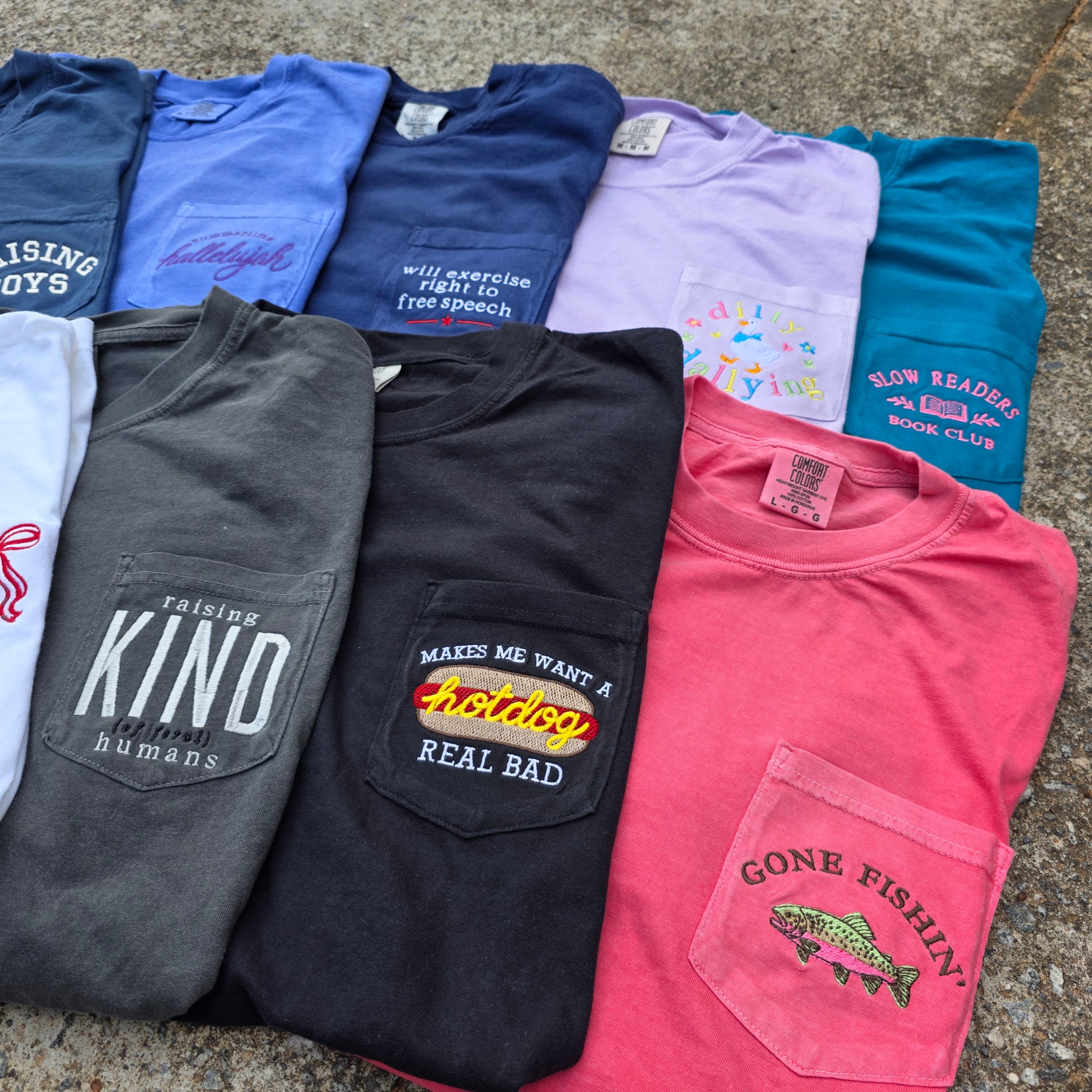 Gone Fishin' Embroidered Pocket Tee | Comfort Colors | Rainbow Trout | Gifts for Dad
