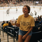 Woman in a yellow t-shirt at an ice hockey game