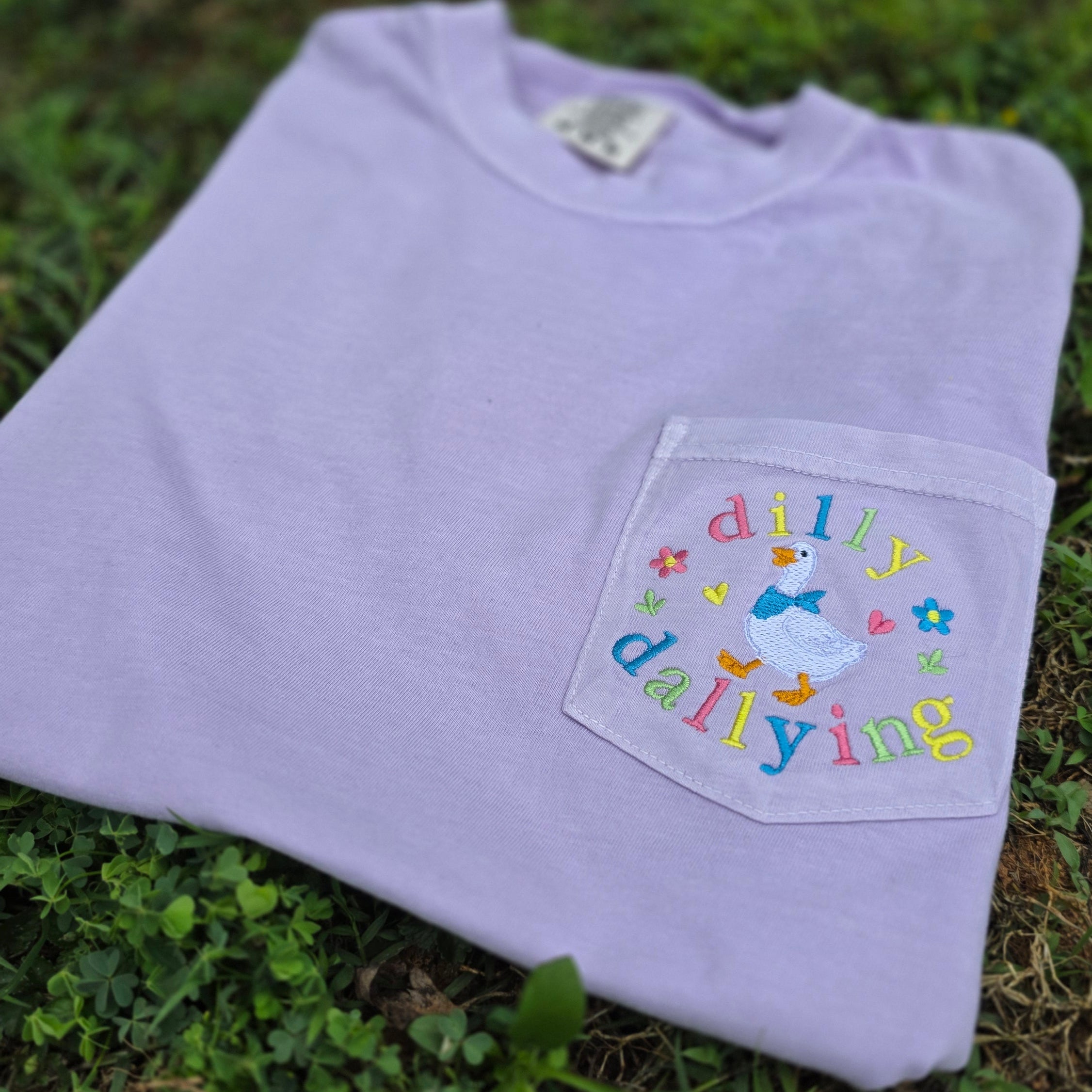 Dilly Dallying Goose Embroidered Pocket Tee | Whimsical Goose | Cottagecore