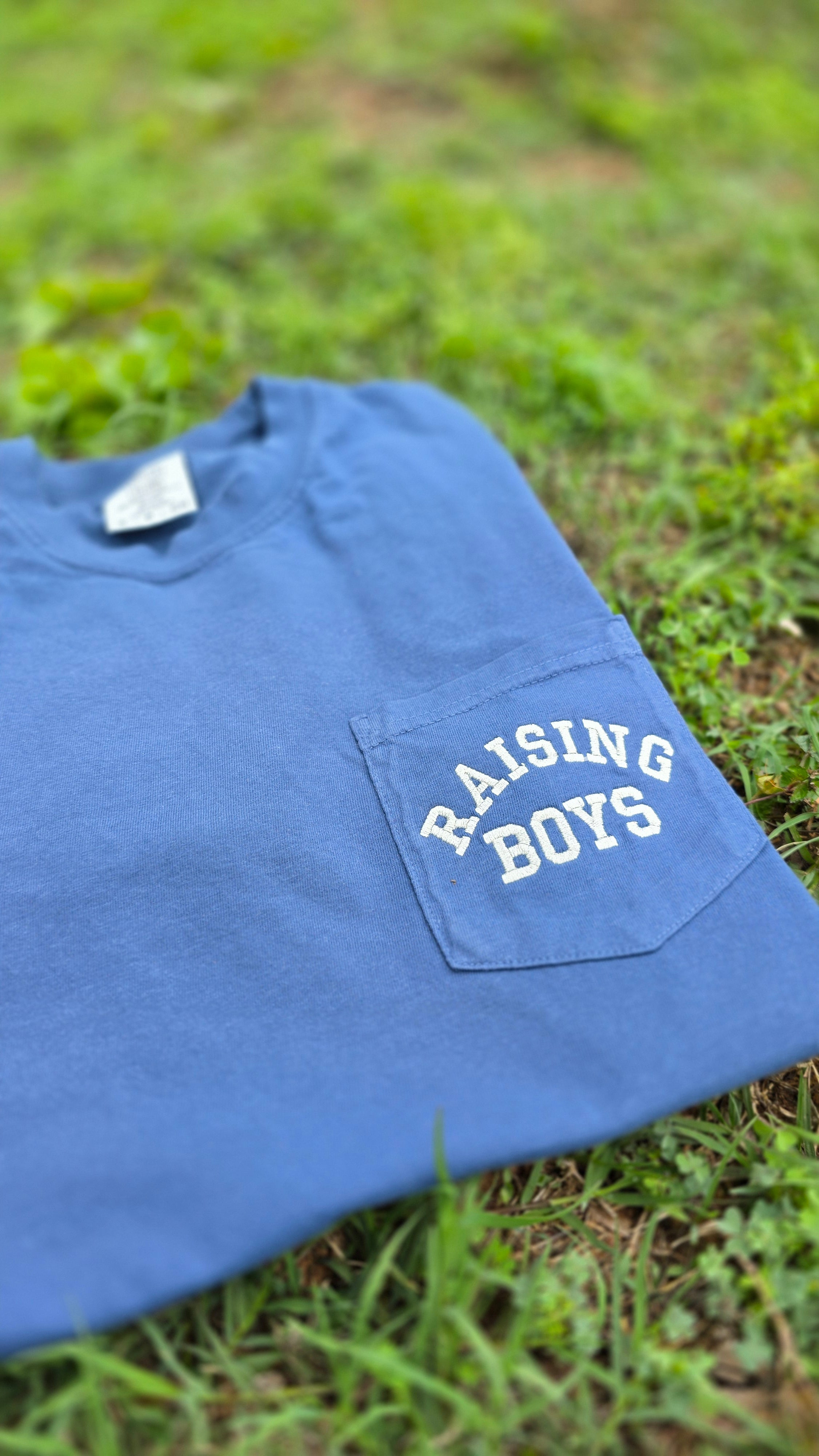 Raising Boys Pocket Tee | Embroidered Boy Mom Shirt | Comfort Colors 6030