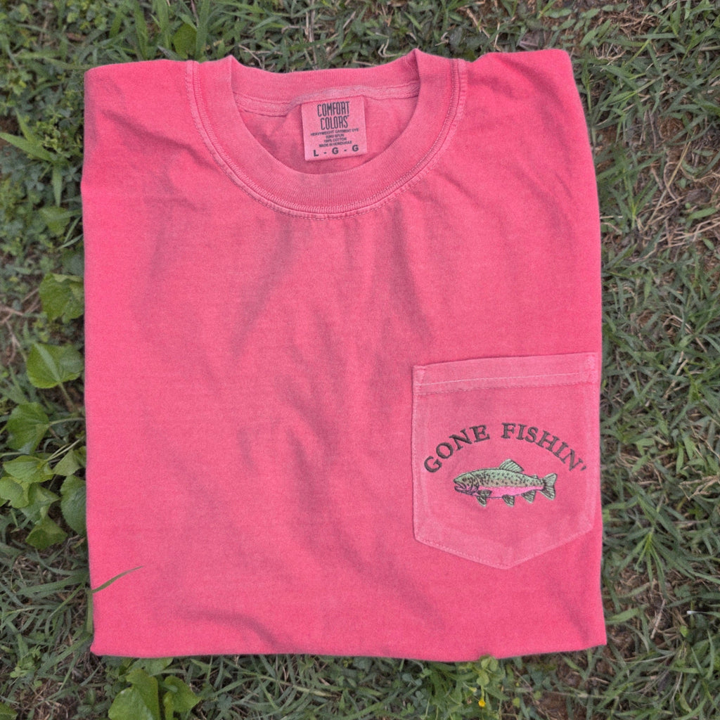 Gone Fishin' Embroidered Pocket Tee | Comfort Colors | Rainbow Trout | Gifts for Dad