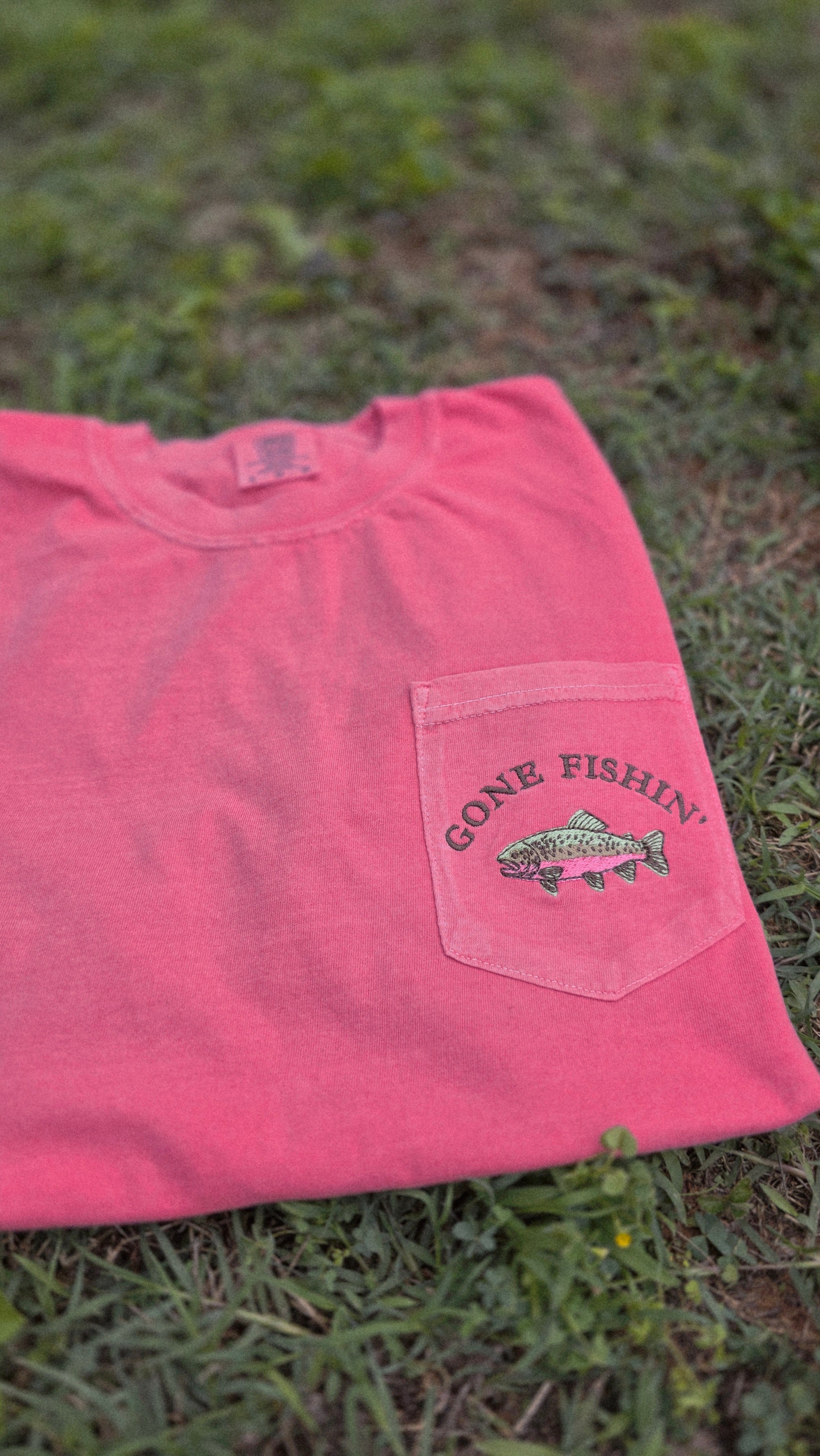 Gone Fishin' Embroidered Pocket Tee | Comfort Colors | Rainbow Trout | Gifts for Dad
