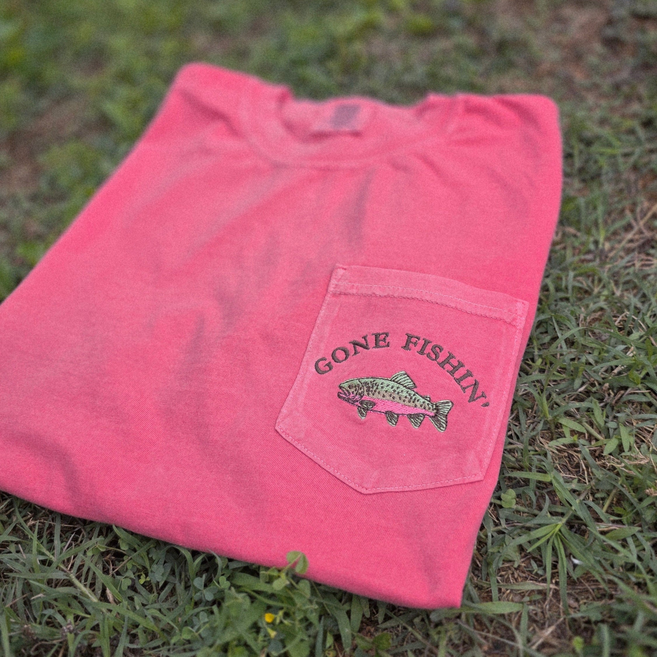 Gone Fishin' Embroidered Pocket Tee | Comfort Colors | Rainbow Trout | Gifts for Dad