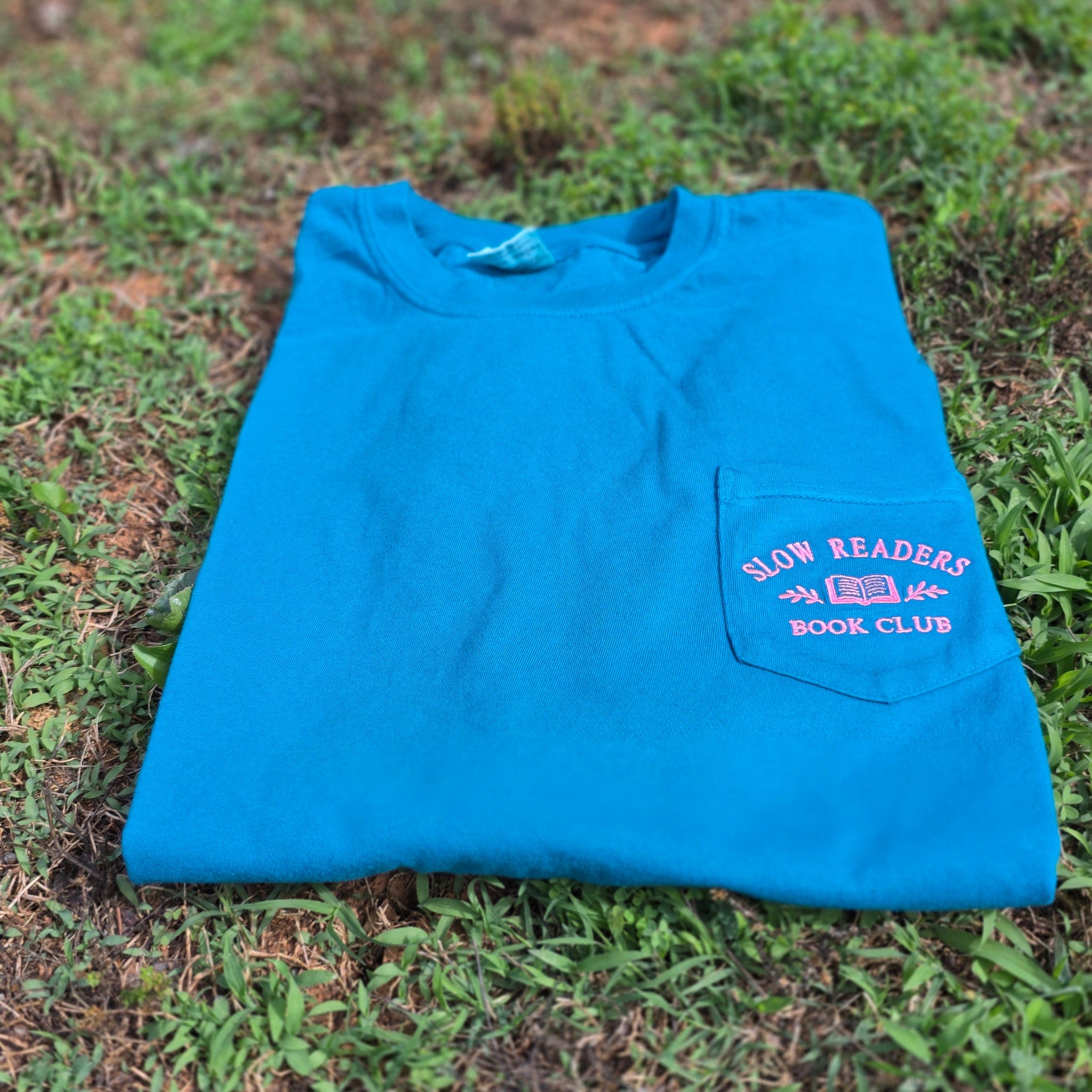 Slow Readers Club Embroidered Pocket Tee | Comfort Colors 6030 | Bookish Embroidery