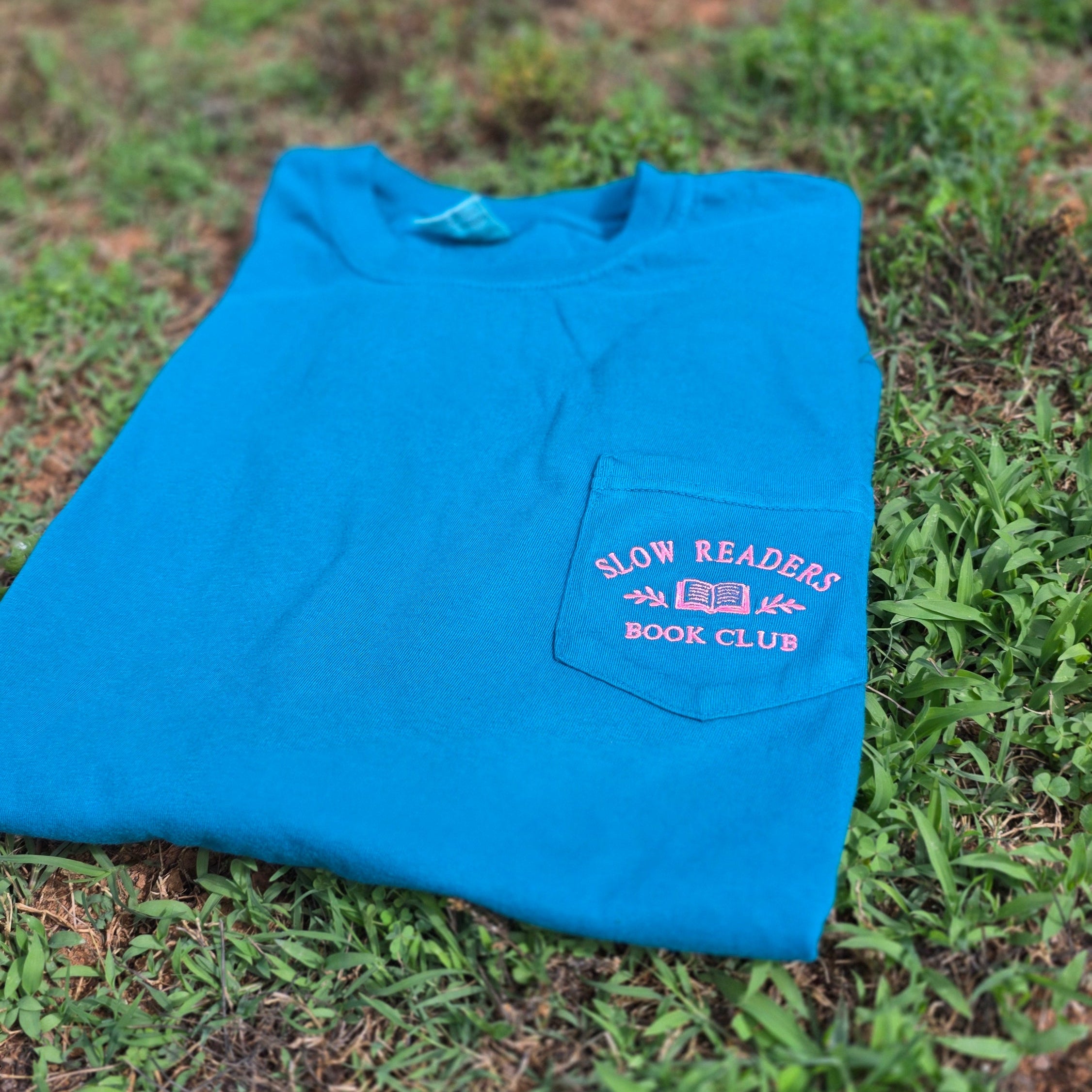 Slow Readers Club Embroidered Pocket Tee | Comfort Colors 6030 | Bookish Embroidery