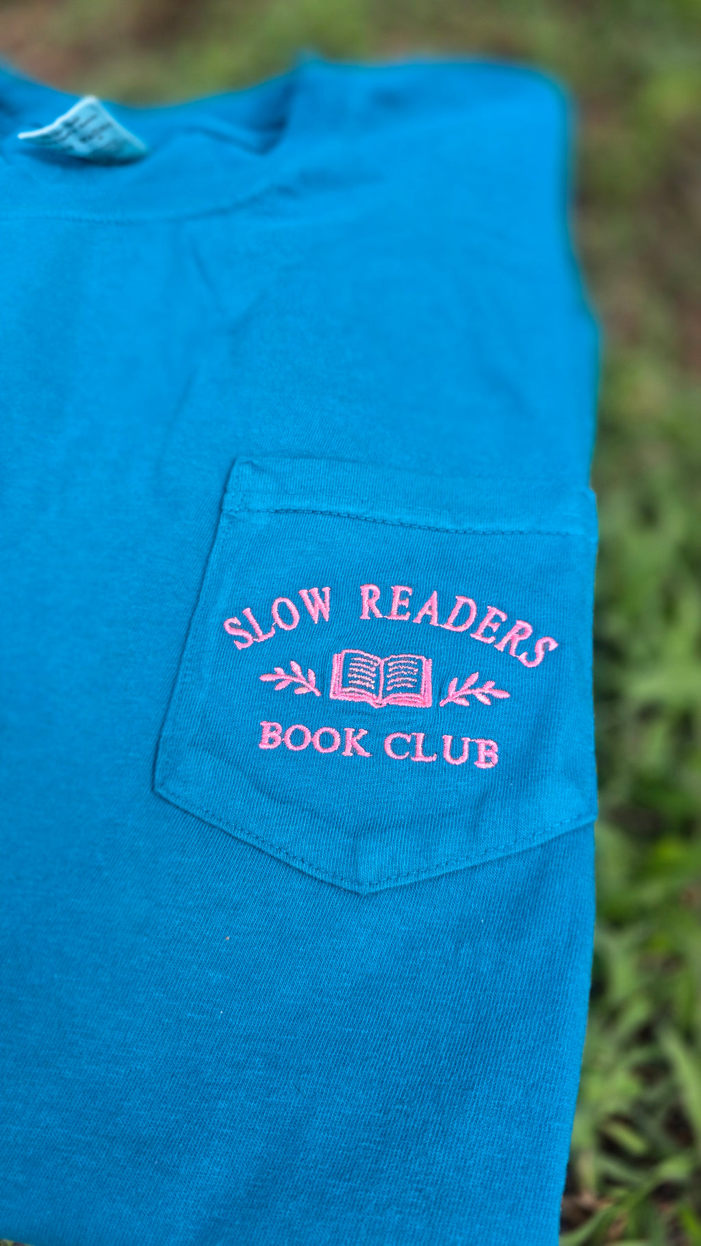Slow Readers Club Embroidered Pocket Tee | Comfort Colors 6030 | Bookish Embroidery