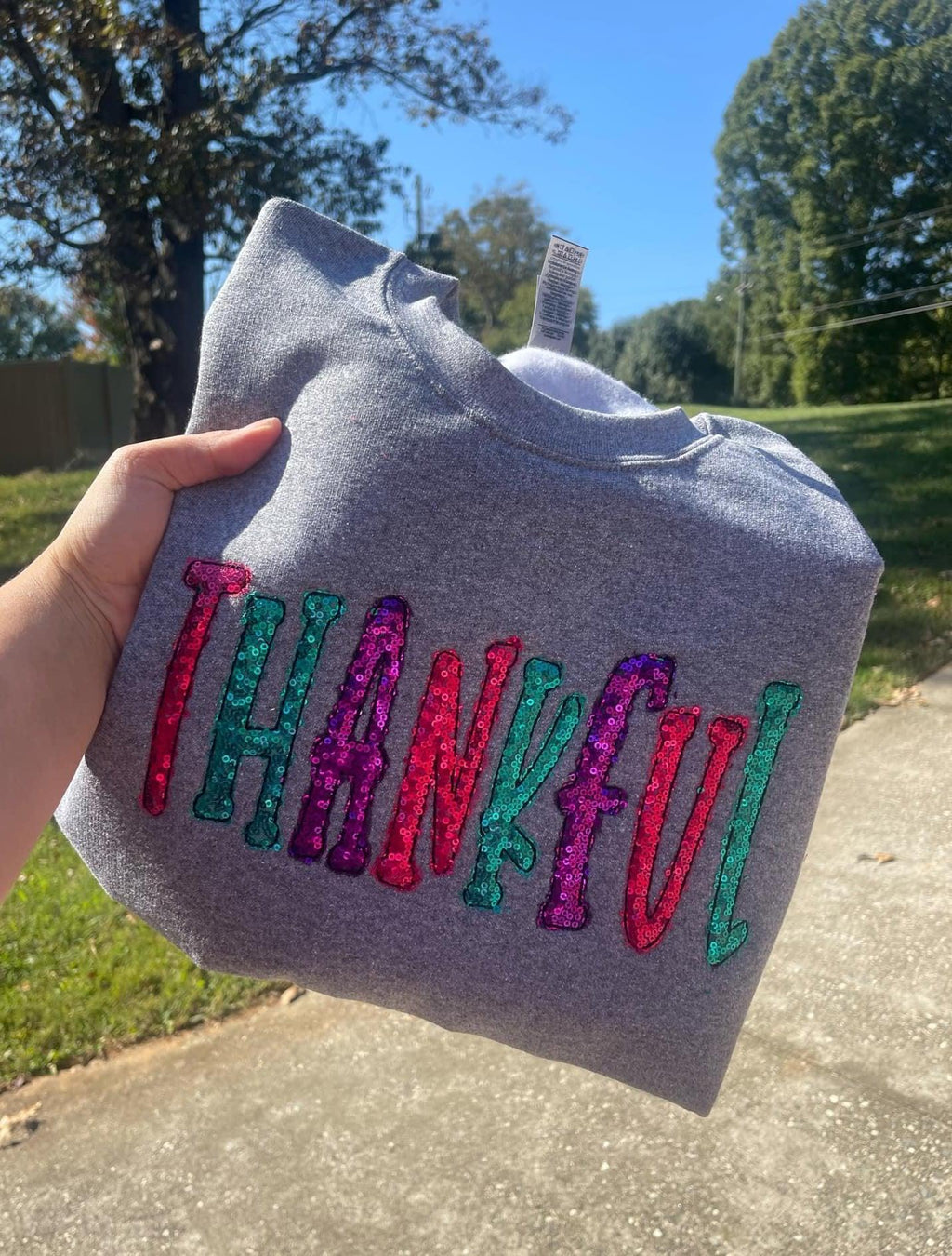 Thankful Colorful Sequin Applique Embroidered Shirt - Merch Girls