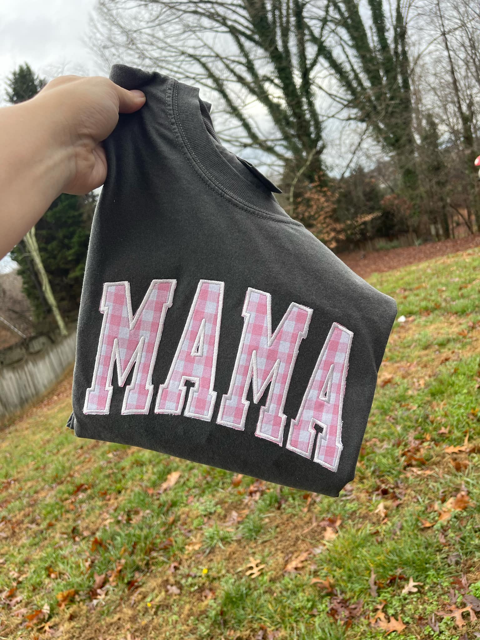 Mama Pink Gingham Embroidered Comfort Color Tee