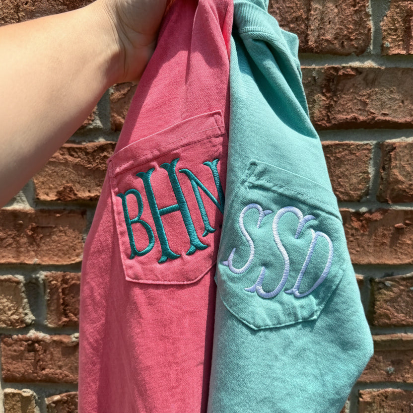 Merch Girls Personalized Embroidered Monogram Pocket Long Sleeve Tee | Comfort Colors