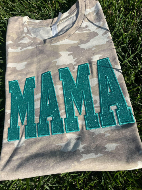 Natural or Vintage Camo Custom Mama or Mascot Glitter Applique Embroidered Shirt - Merch Girls