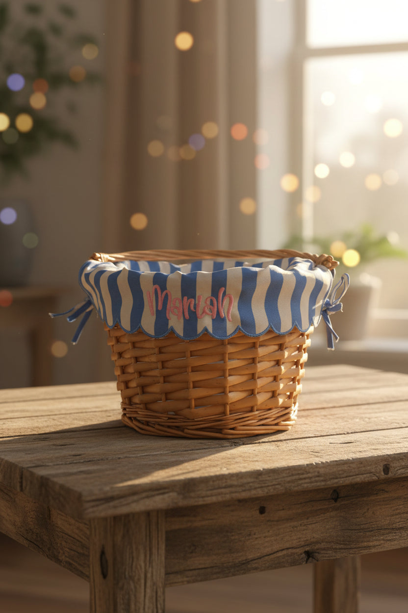 PREORDER | CLOSES 2.28.26 Personalized Round Willow Easter Basket with Embroidered Scalloped Liner